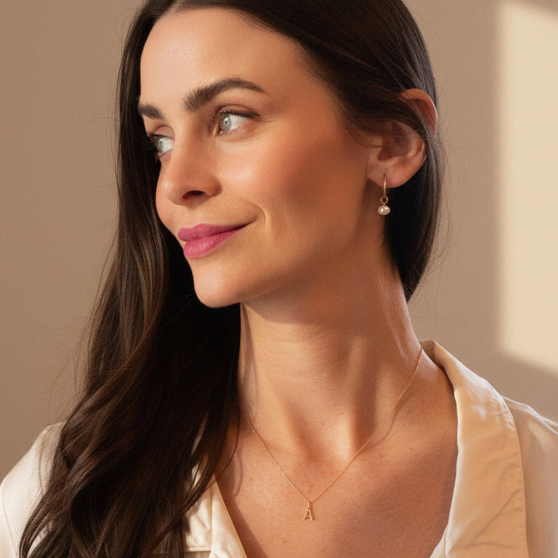 Personalized initial necklace in 10k gold on delicate chain with pearl hoops