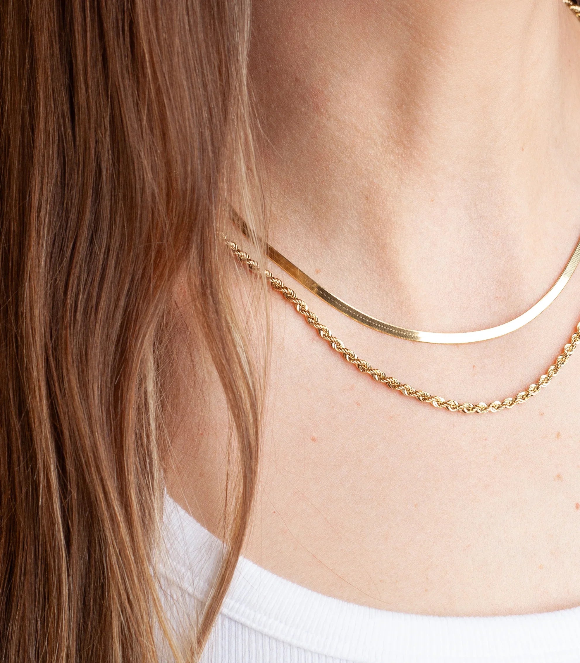 Rope Necklace 10k gold layered with herringbone chain