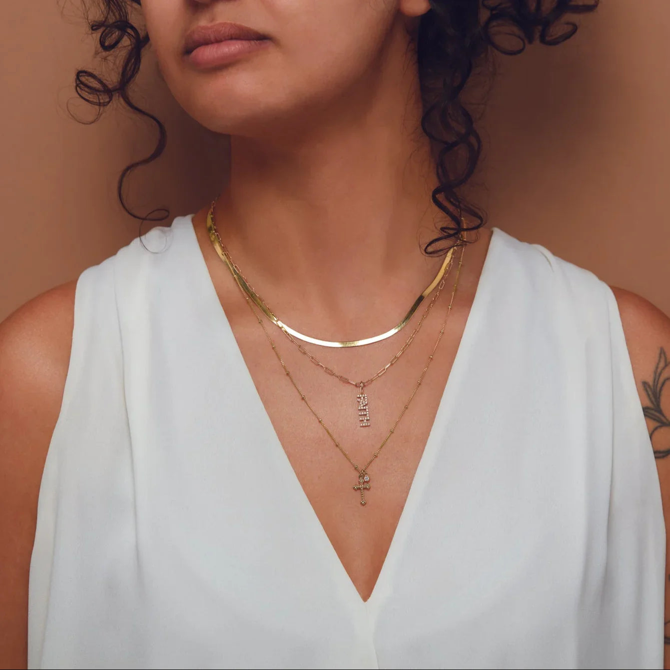 14k gold herringbone necklace – on model