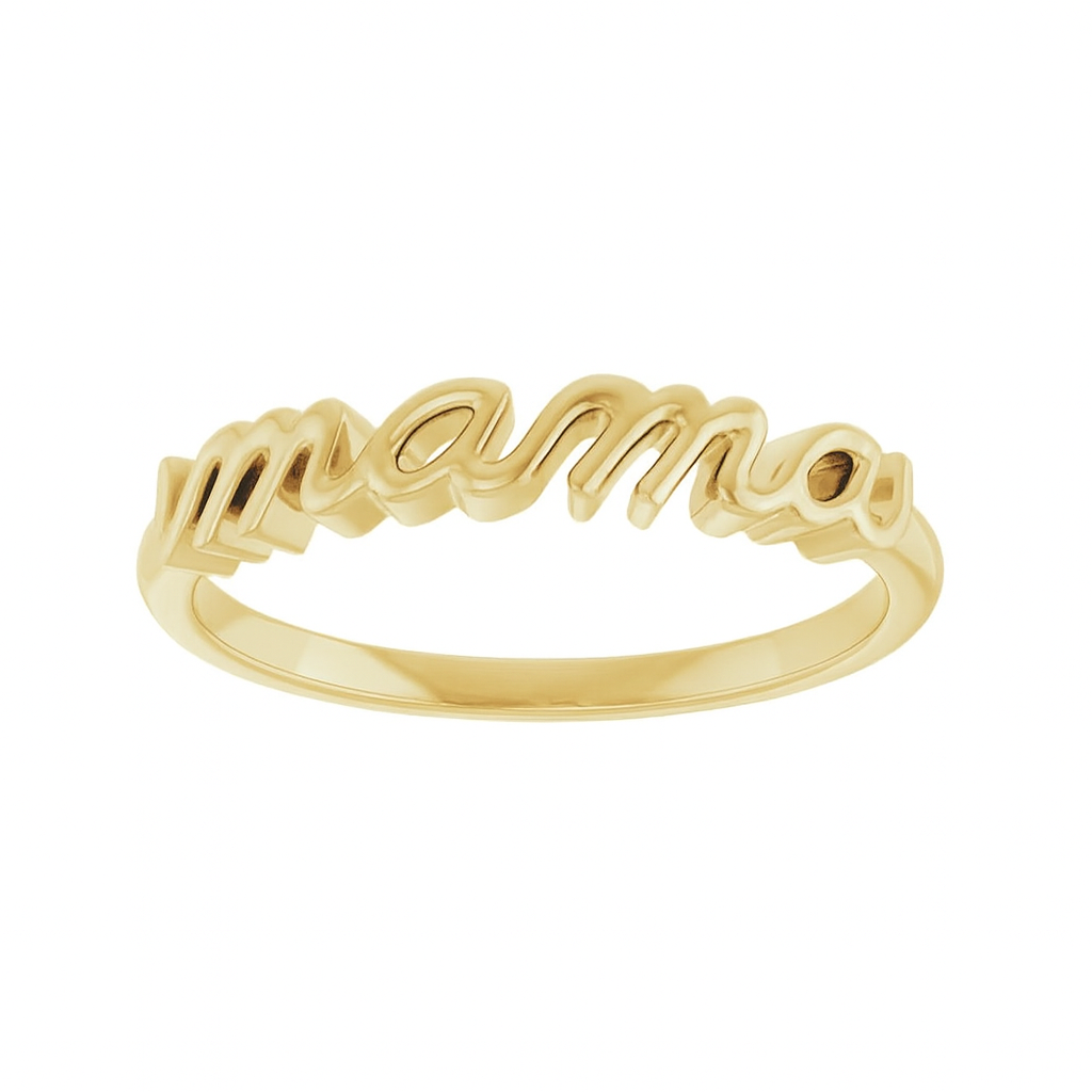 Gold ring with 'mama' script on a white background