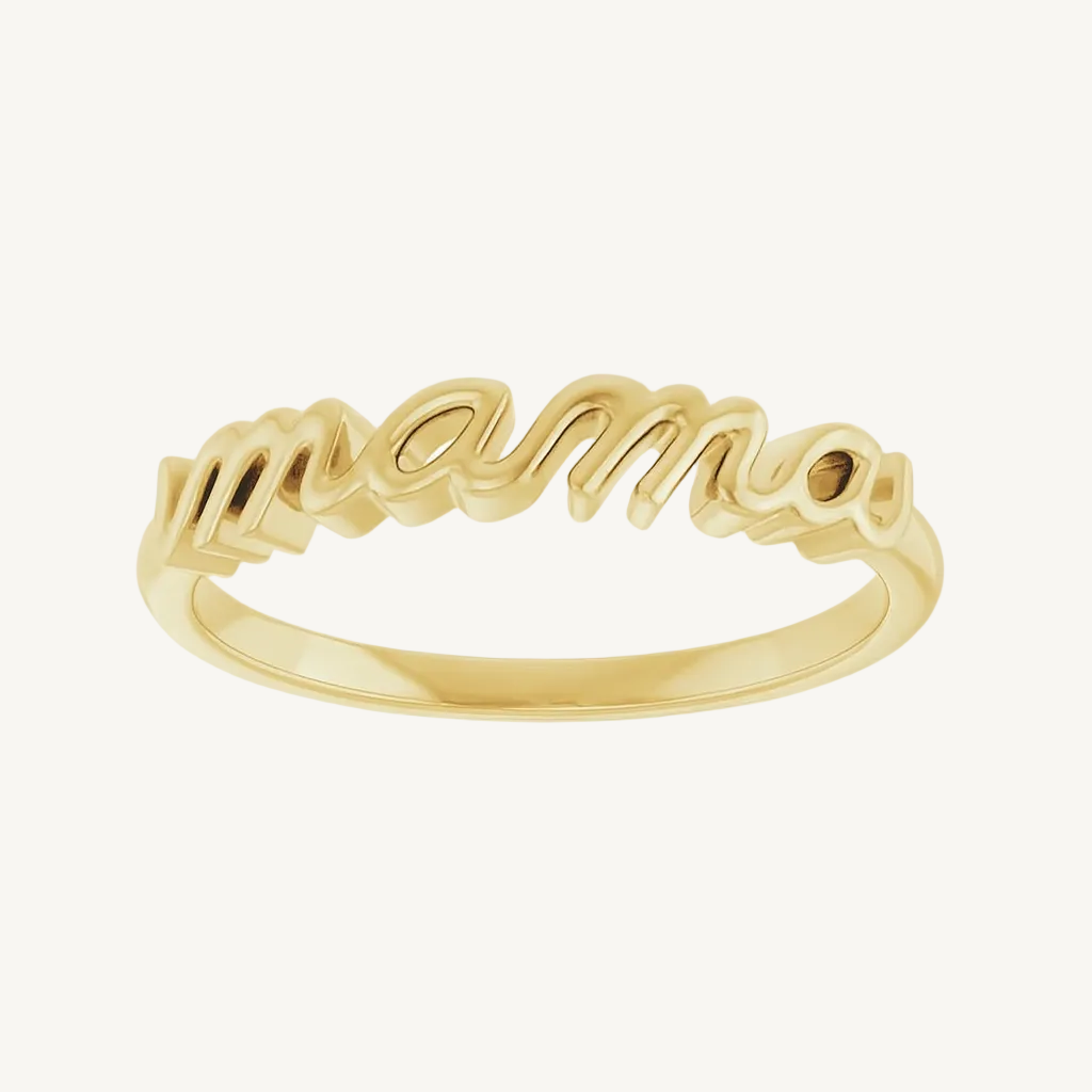 Gold ring with 'mama' script on a white background