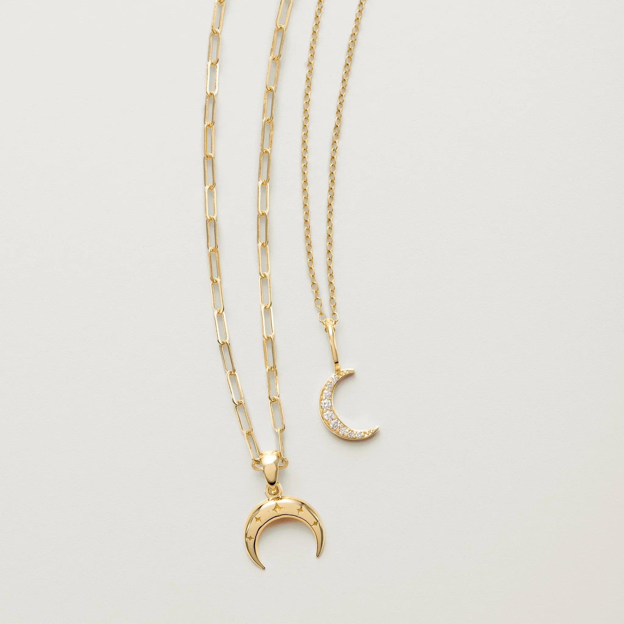 Celeste paperclip necklace with crescent pendant in 14k gold