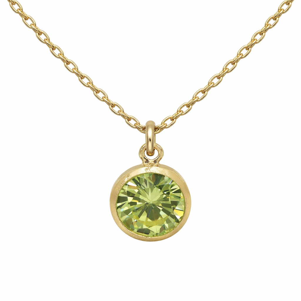 august birthstone necklace with a green gemstone pendant on a white background
