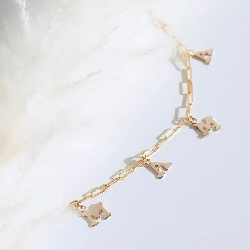 Mama letter necklace on paperclip chain crafted in gold filled