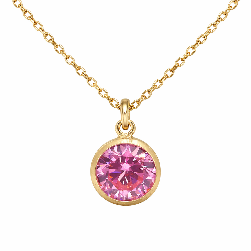 October birthstone necklace with a pink gemstone pendant on a white background