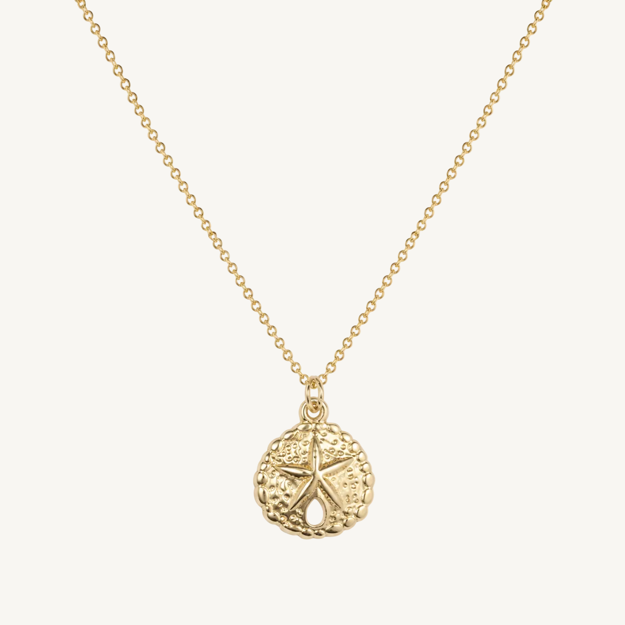 Gold necklace with a sand dollar pendant on a white background