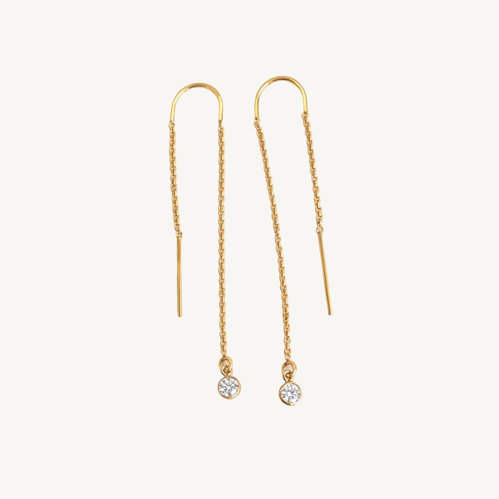 Gold threader earrings with small gemstones on a white background