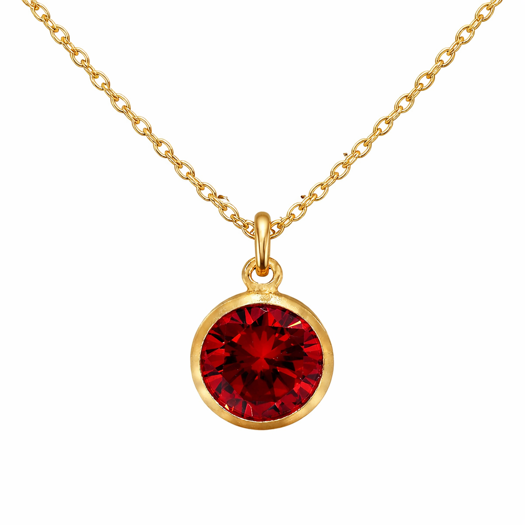 July birthstone necklace with a red gemstone pendant on a white background