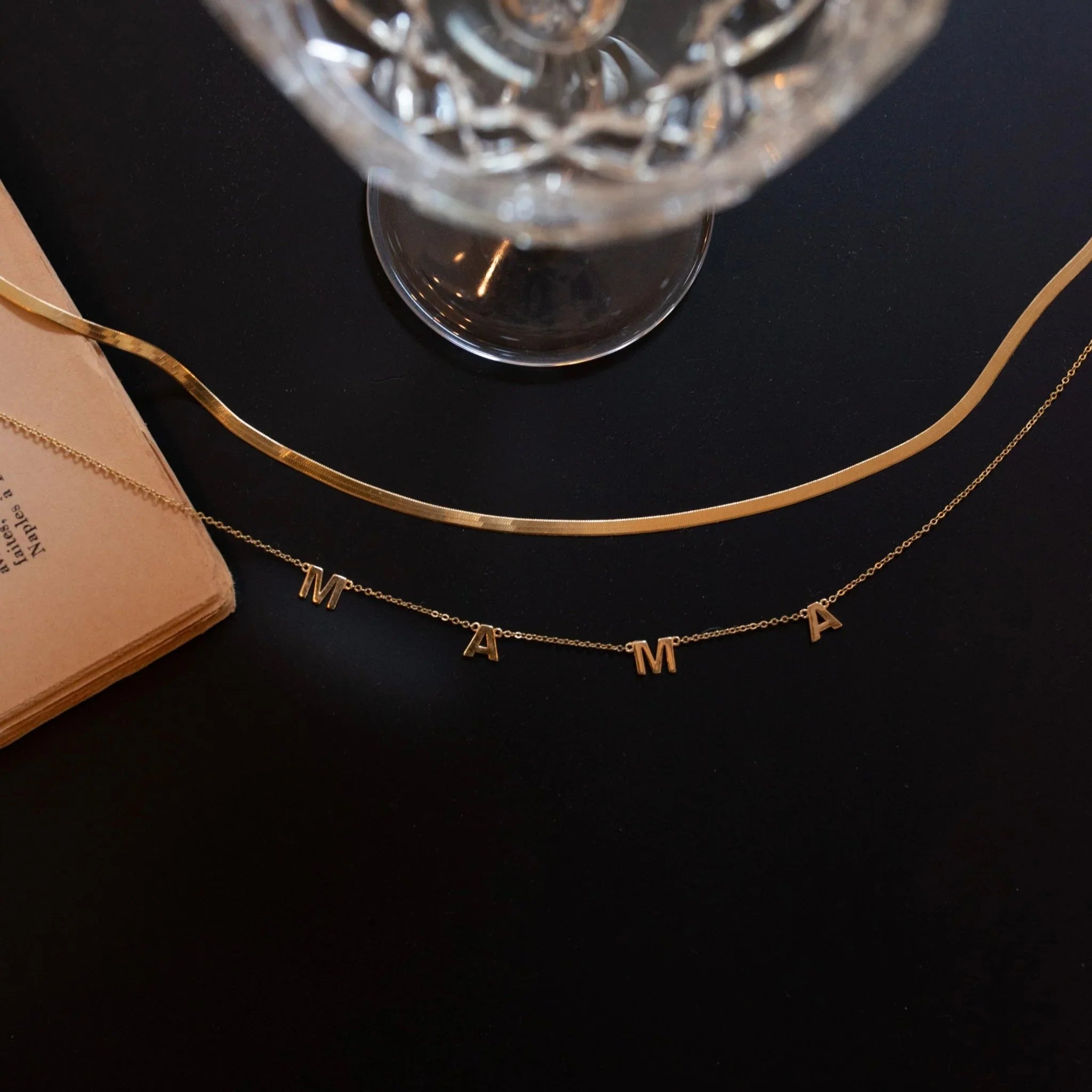 gold vermeil herringbone necklace layered with mama necklace