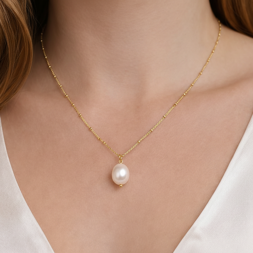 model wearing pearl pendant necklace on satellite chain