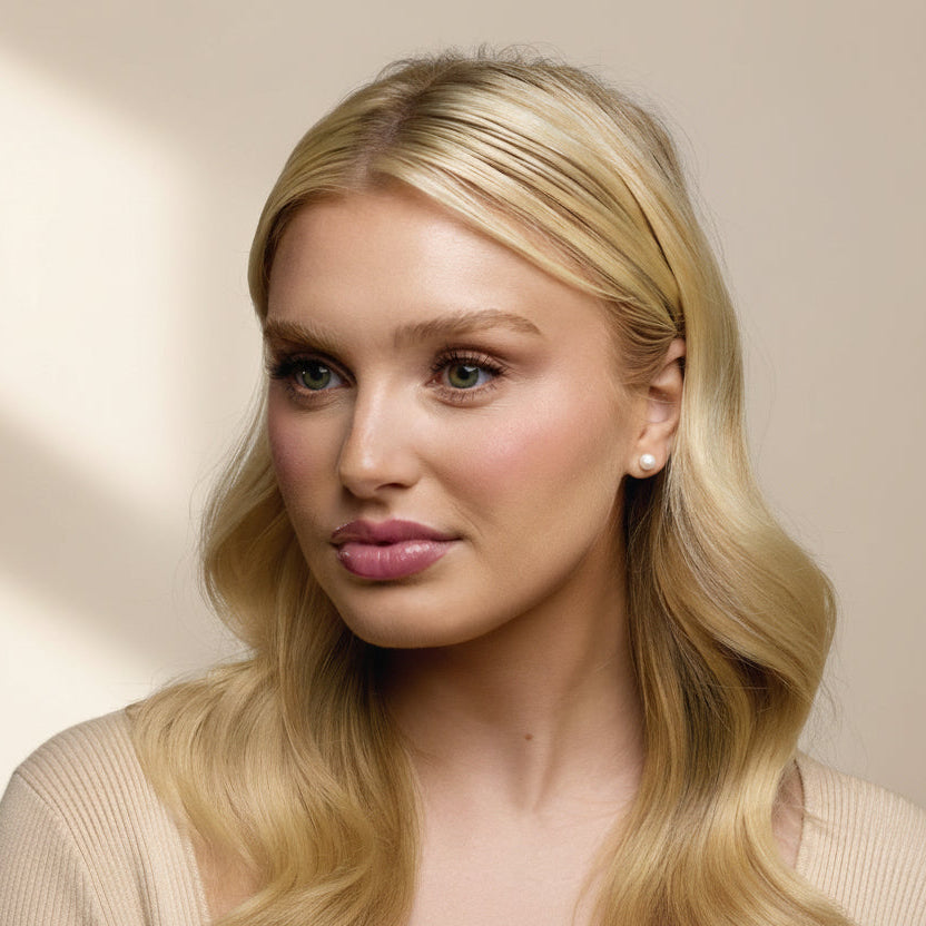 woman wearing oversized pearl stud earrings