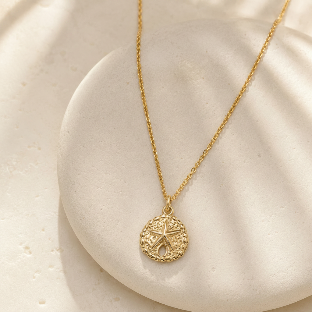 Gold necklace with a starfish pendant on a beige stone surface