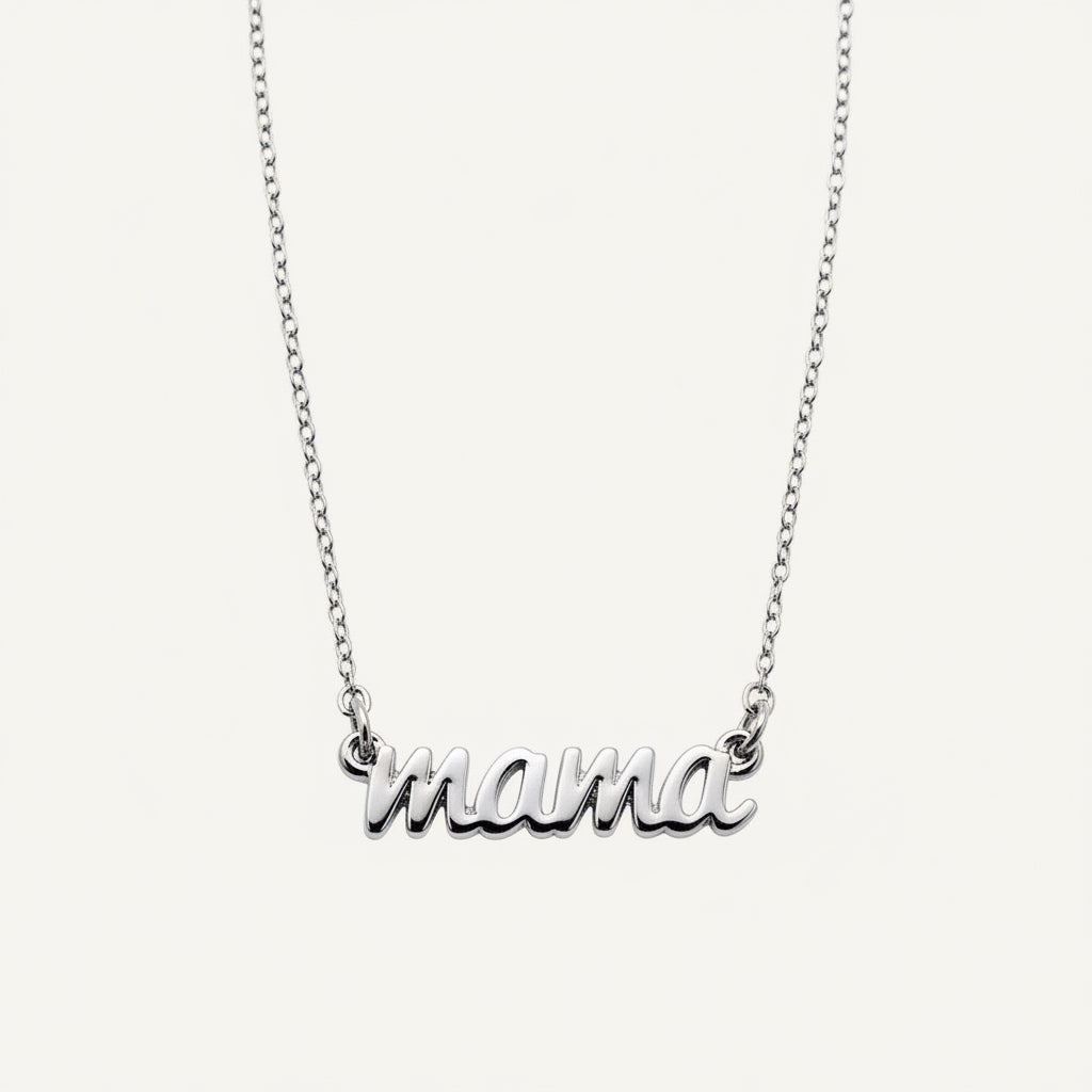 Silver 'mama' necklace on a white background