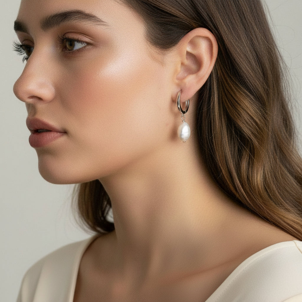 Sterling silver Thea baroque pearl hoops – on model