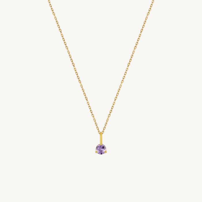 birthstone Gold necklace with a amethyst gemstone pendant on a white background