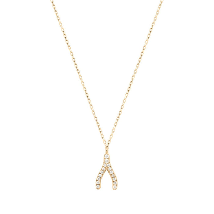 Gold necklace with a wishbone pendant on a white background