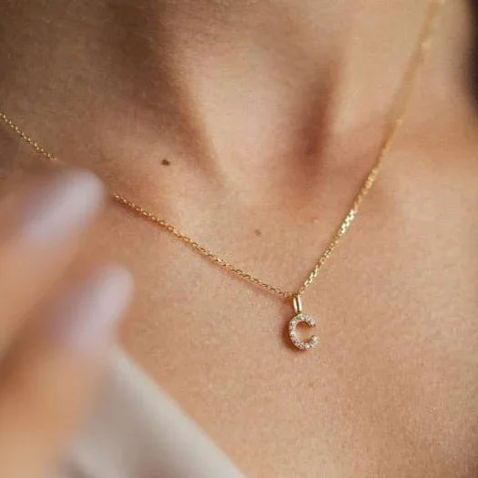 14k gold necklace with diamond initial pendant – on model