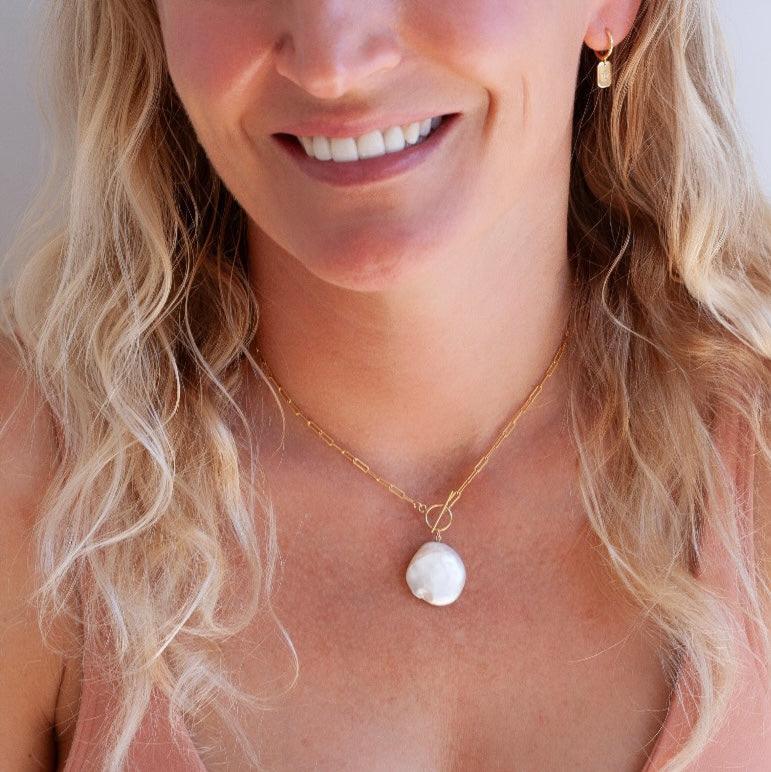 statement baroque pearl on gold filled paperclip chain