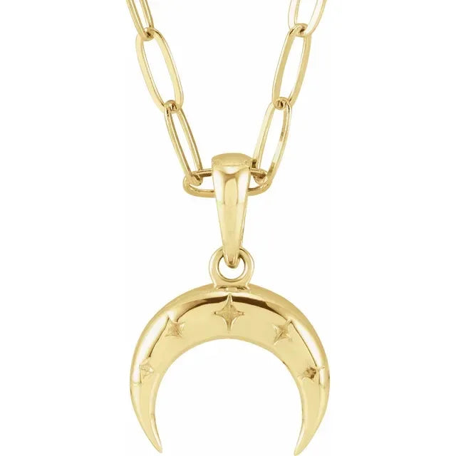 Modern paperclip chain with crescent pendant in 14k gold