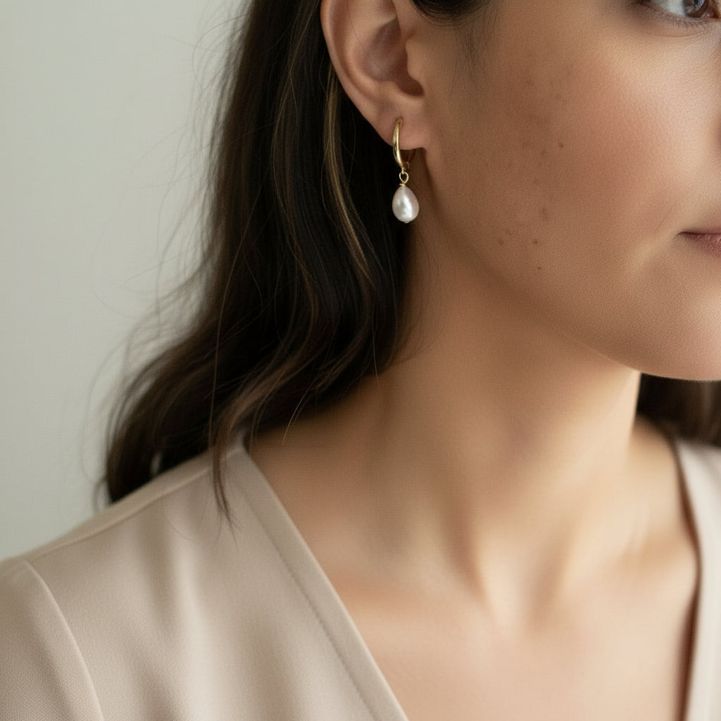 Gold vermeil Thea baroque pearl hoops – on model