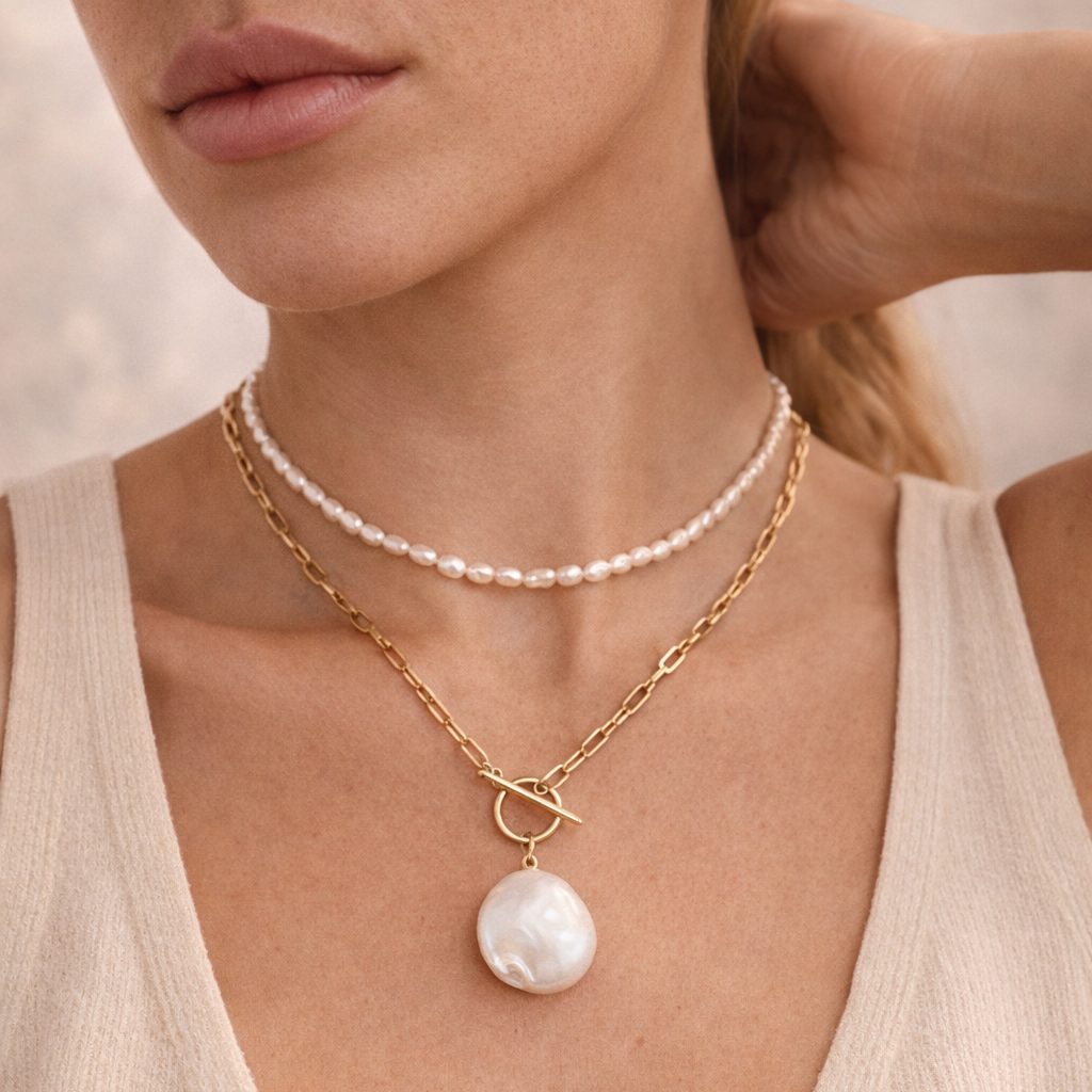 Close-up of a woman wearing a gold necklace with a pearl pendant and another pearl necklace.