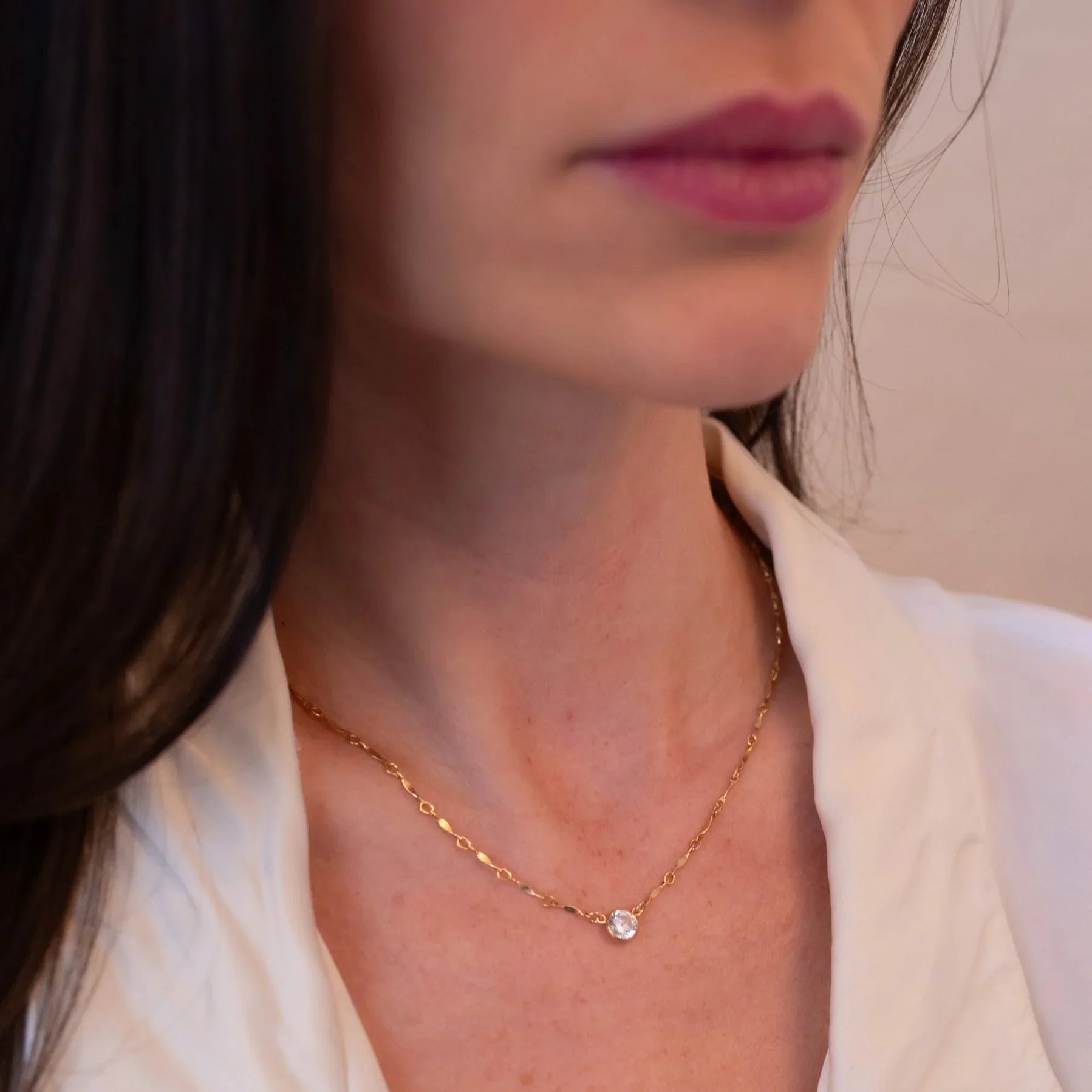 Simple gold filled chain with cubic zirconia bezel pendant