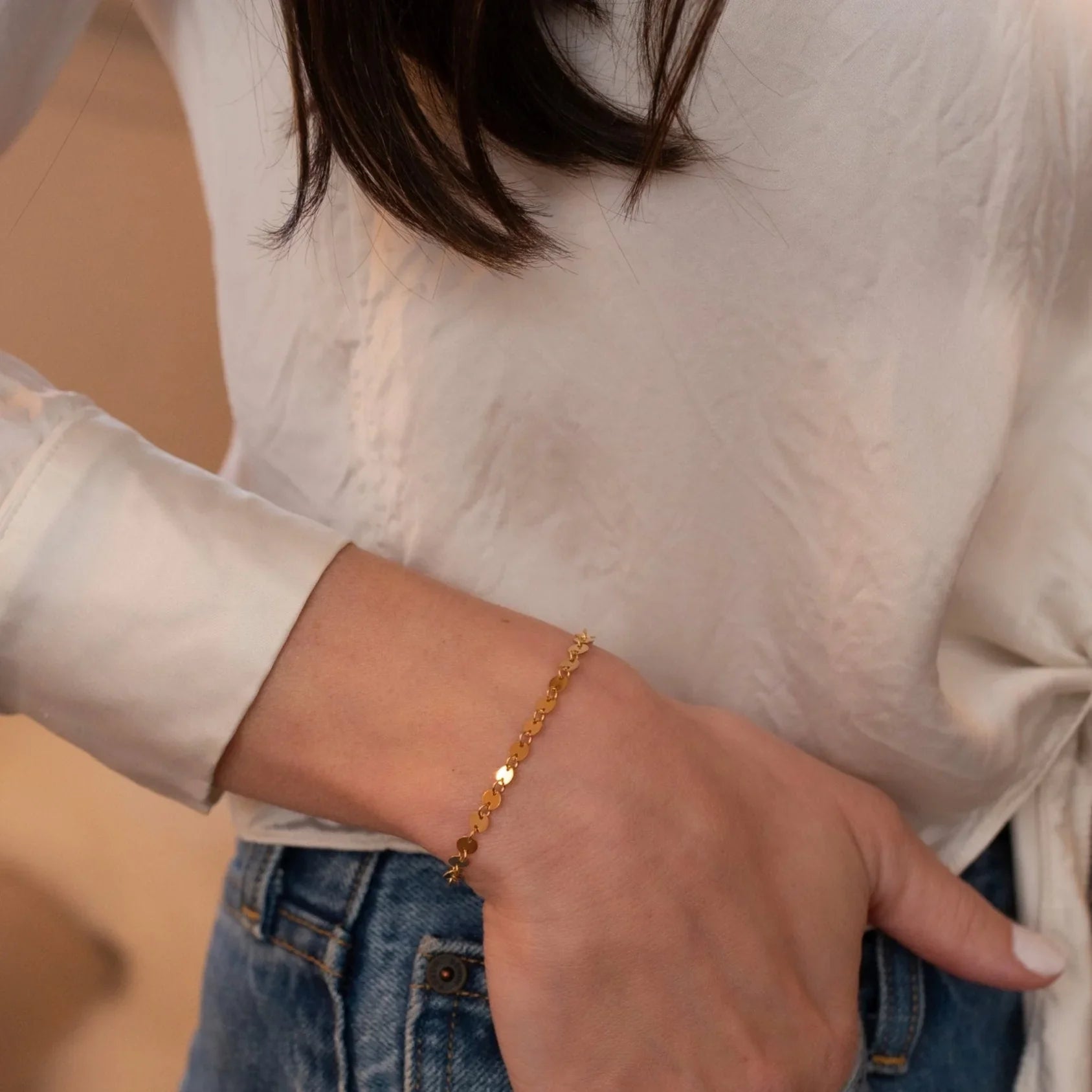 Gold filled disc chain bracelet – on wrist