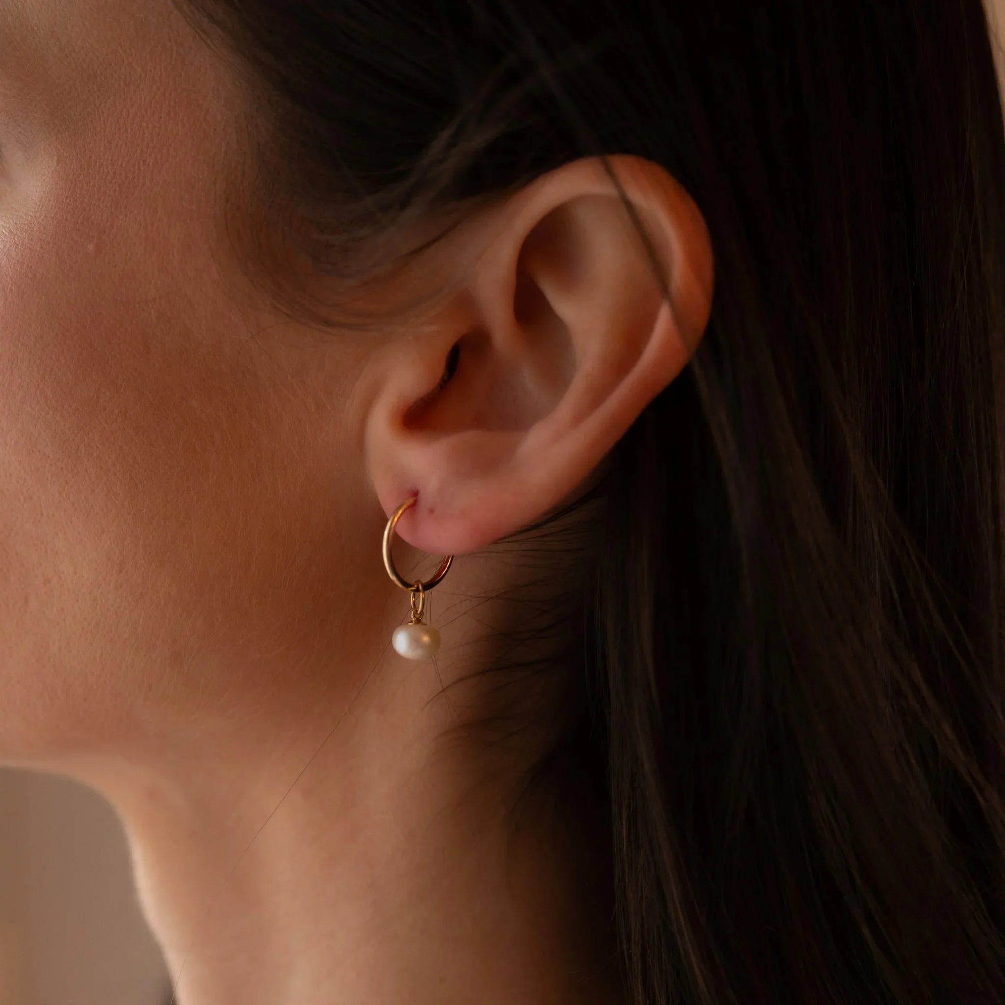 gold filled freshwater pearl hoops on ear