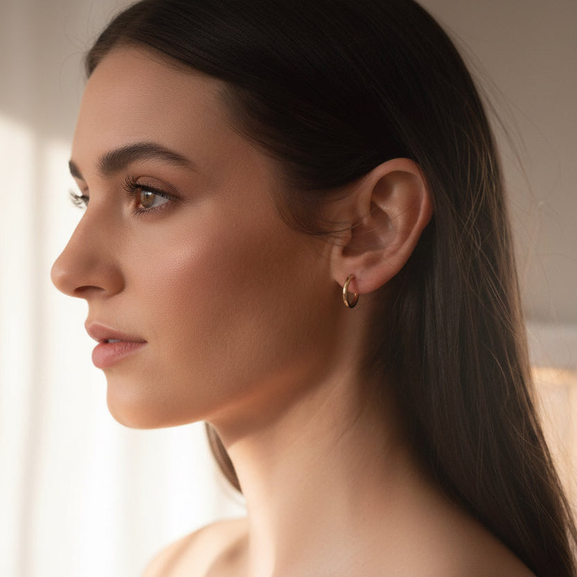 Lightweight everyday gold filled hoops – on ear