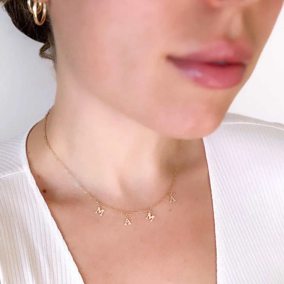 Paperclip Mama Necklace handcrafted in gold filled on model