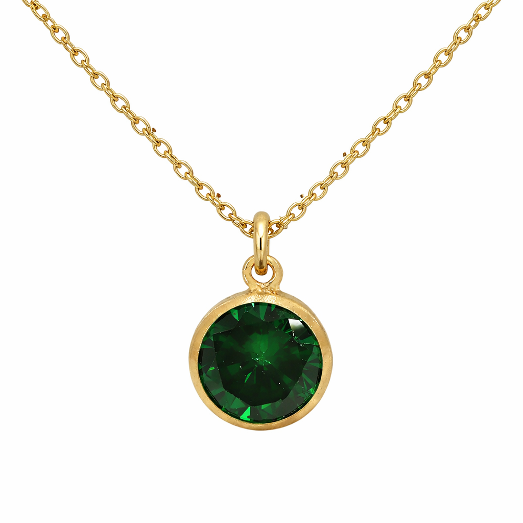 May birthstone necklace with a green gemstone pendant on a white background