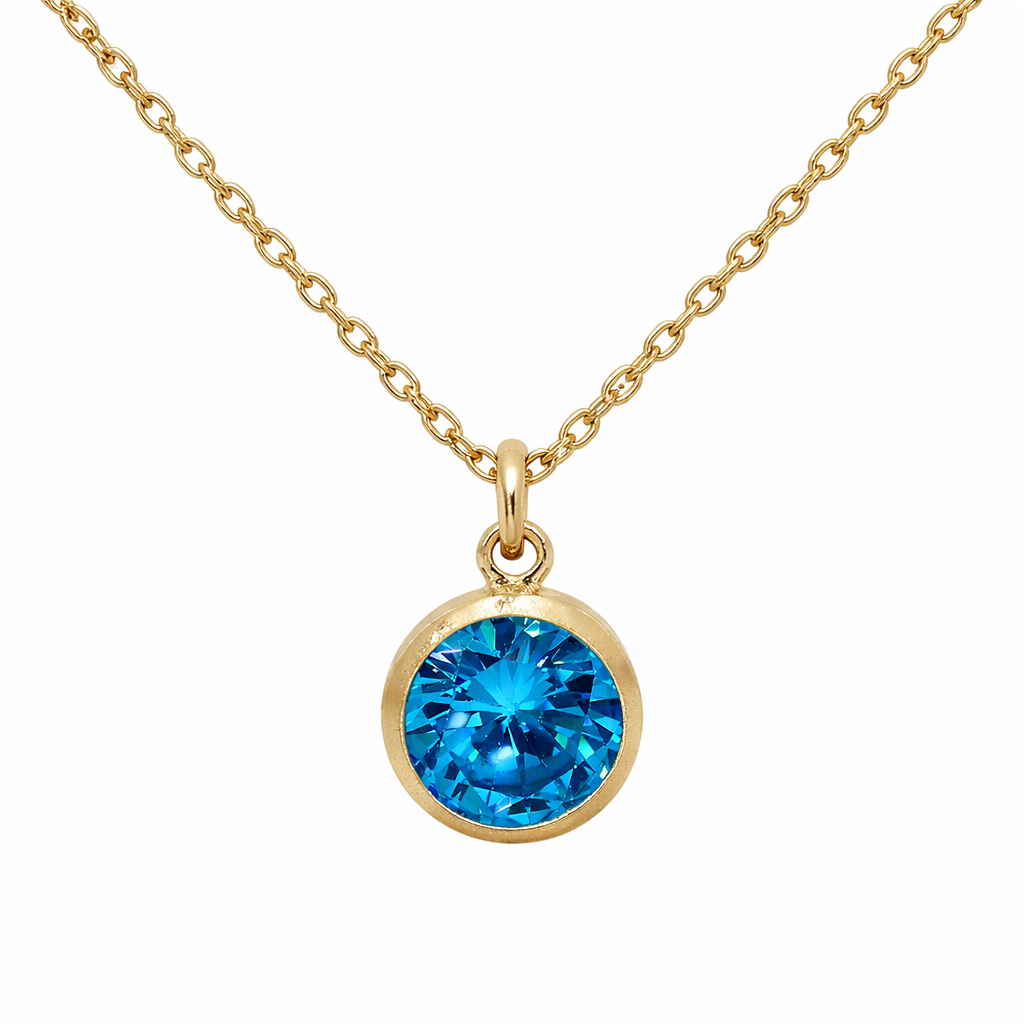 September birthstone necklace with a blue gemstone pendant on a white background