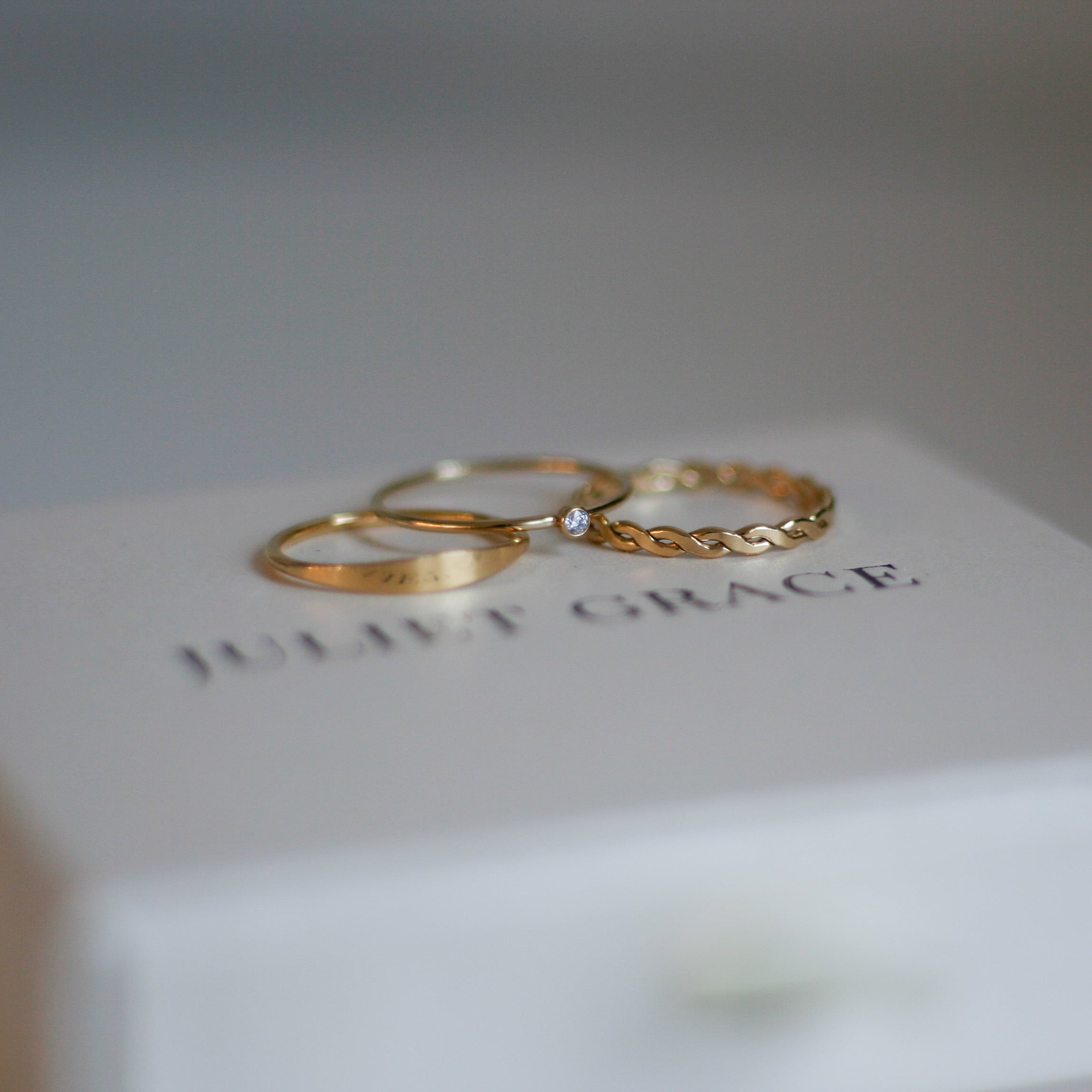 gold-filled stacking rings on box