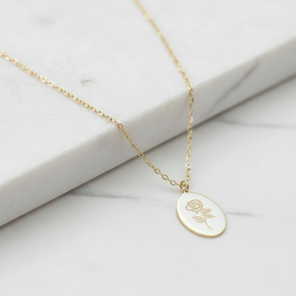 Fiore Necklace - 10k gold rose pendant necklace. June birthflower