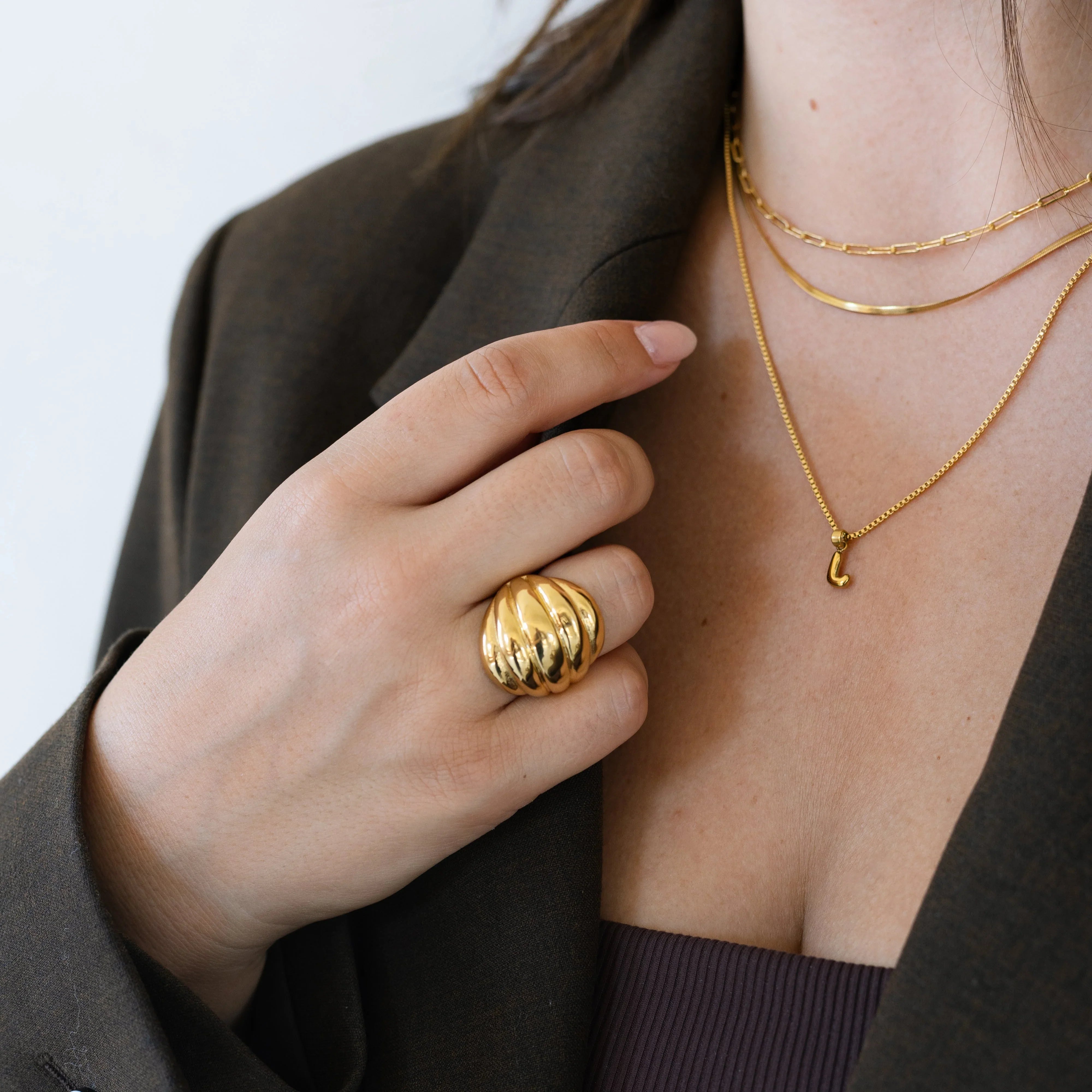 Gold Plated statement croissant ring with necklace stack