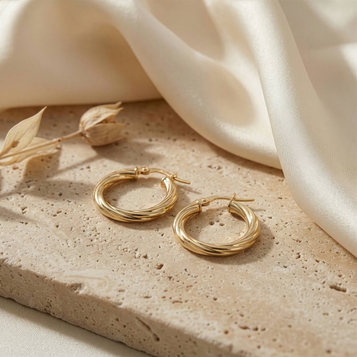 Gold hoop earrings on a textured stone surface with a soft fabric background