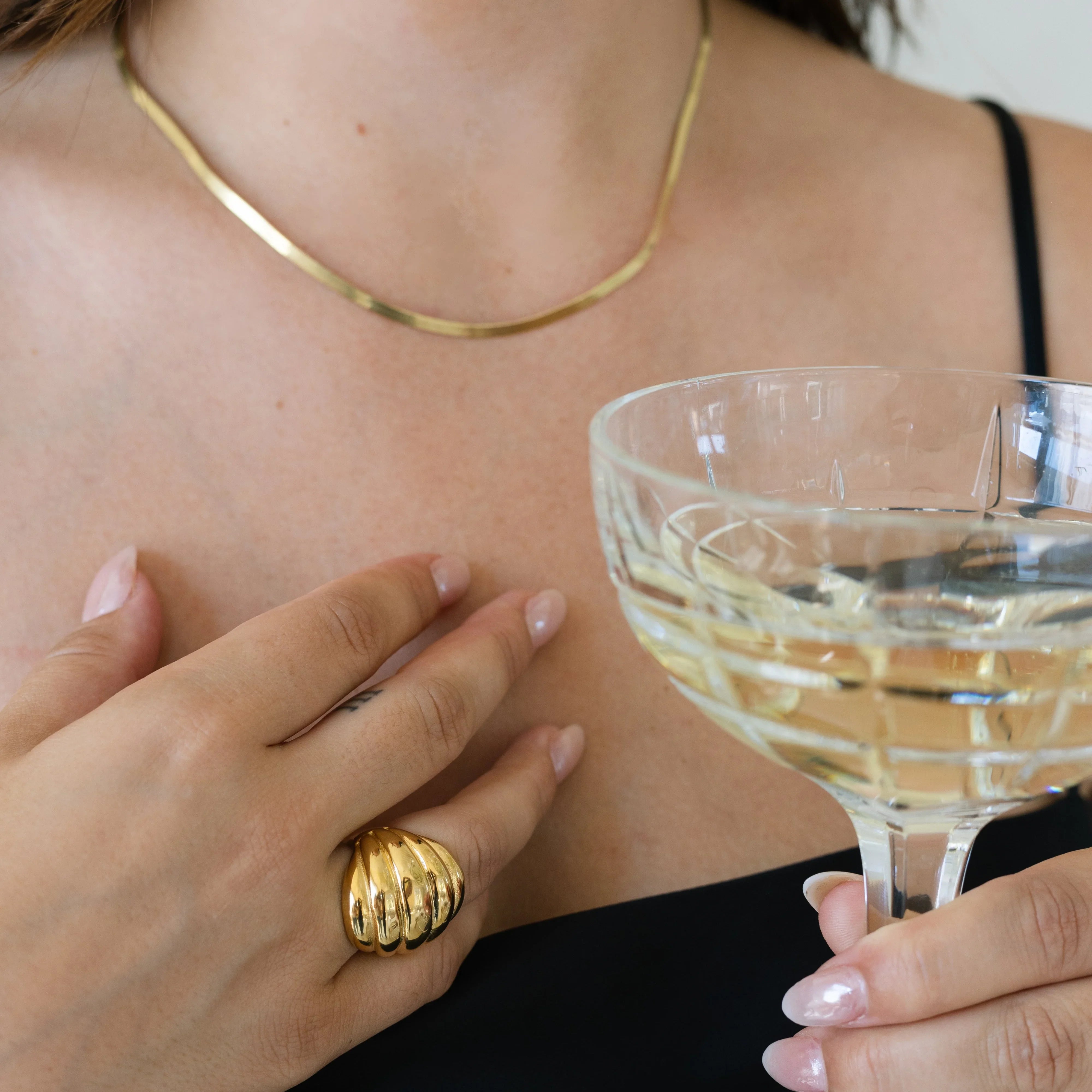 gold vermeil herringbone necklace and gold plated statement croissant ring