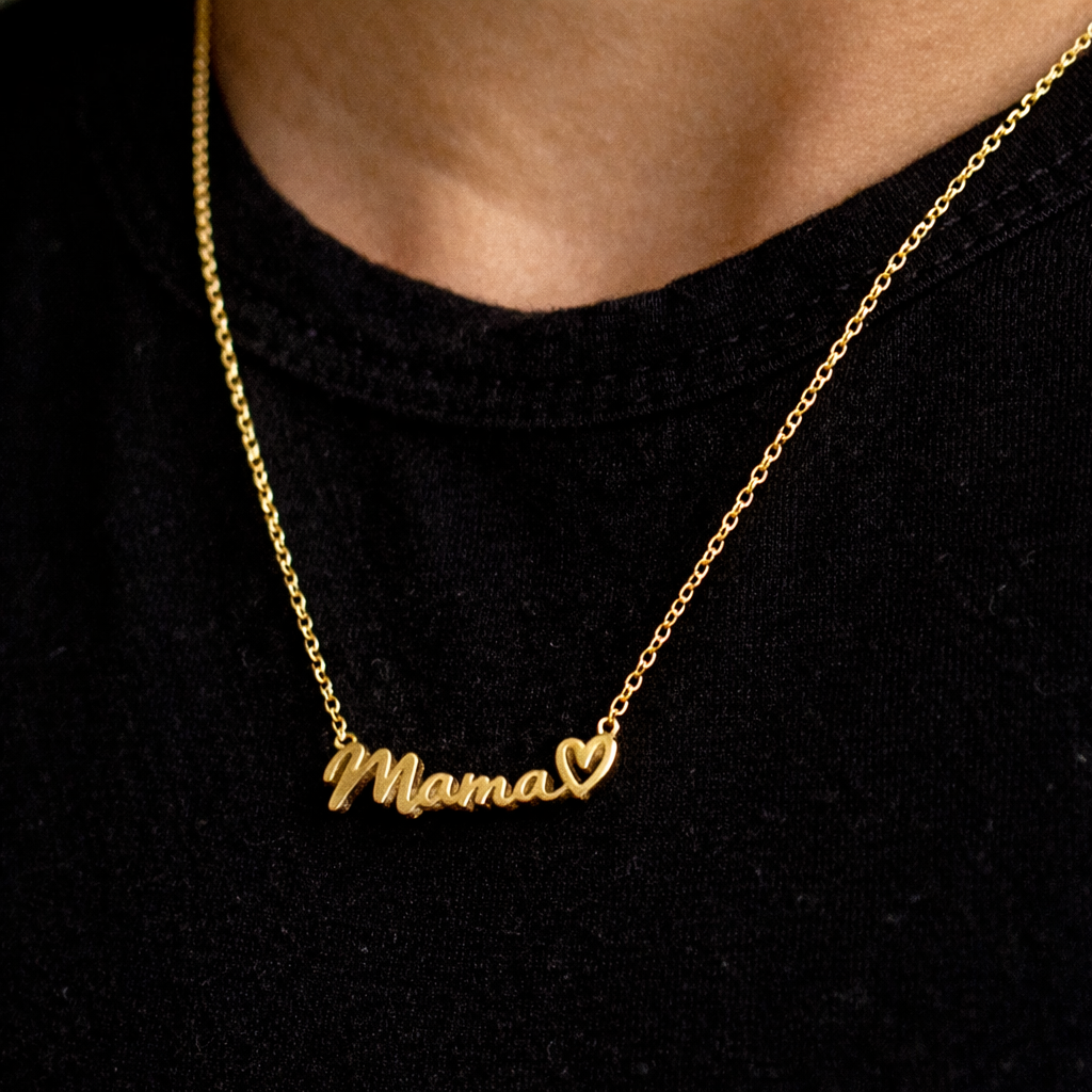 gold vermeil mama heat necklace on neck