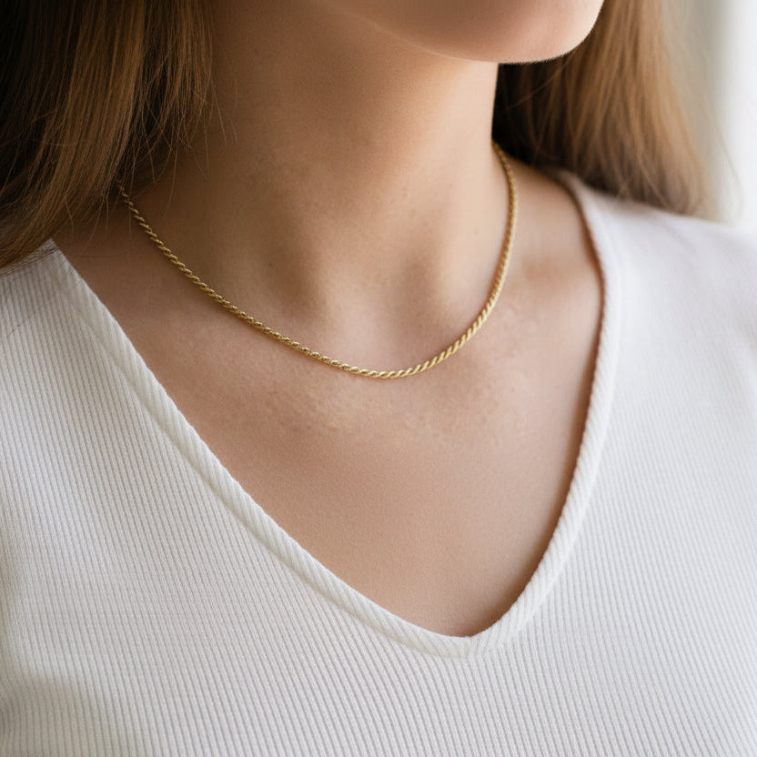 gold vermeil rope chain necklace on model