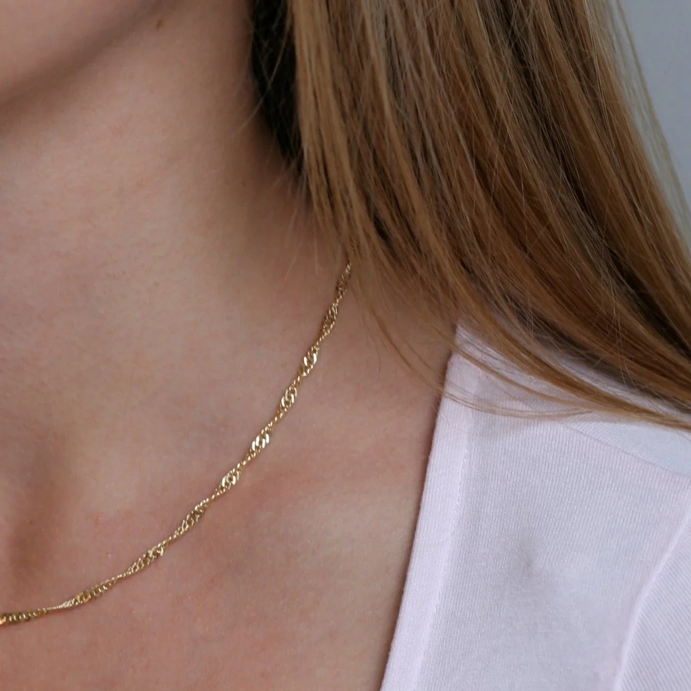 Singapore Chain Necklace in gold vermeil closeup on model