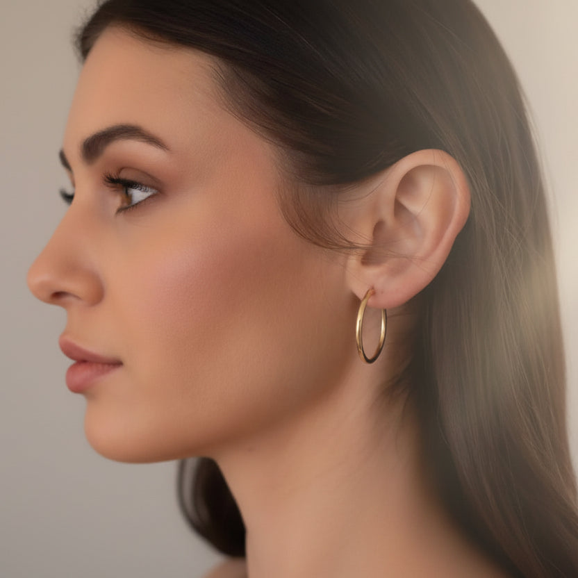 large Lightweight everyday gold filled hoops – on ear