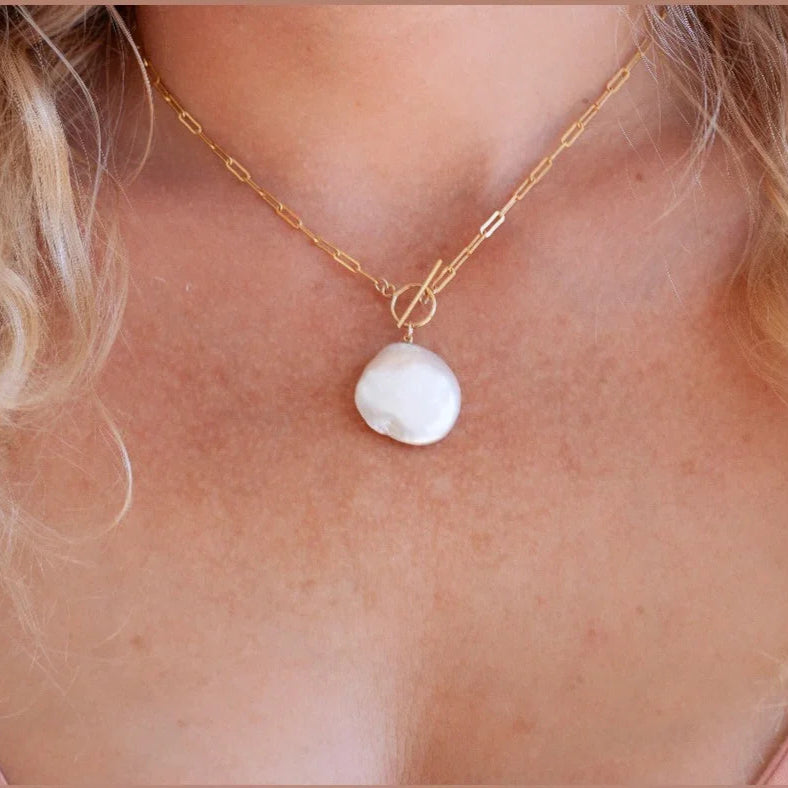 natural baroque pearl on paperclip chain