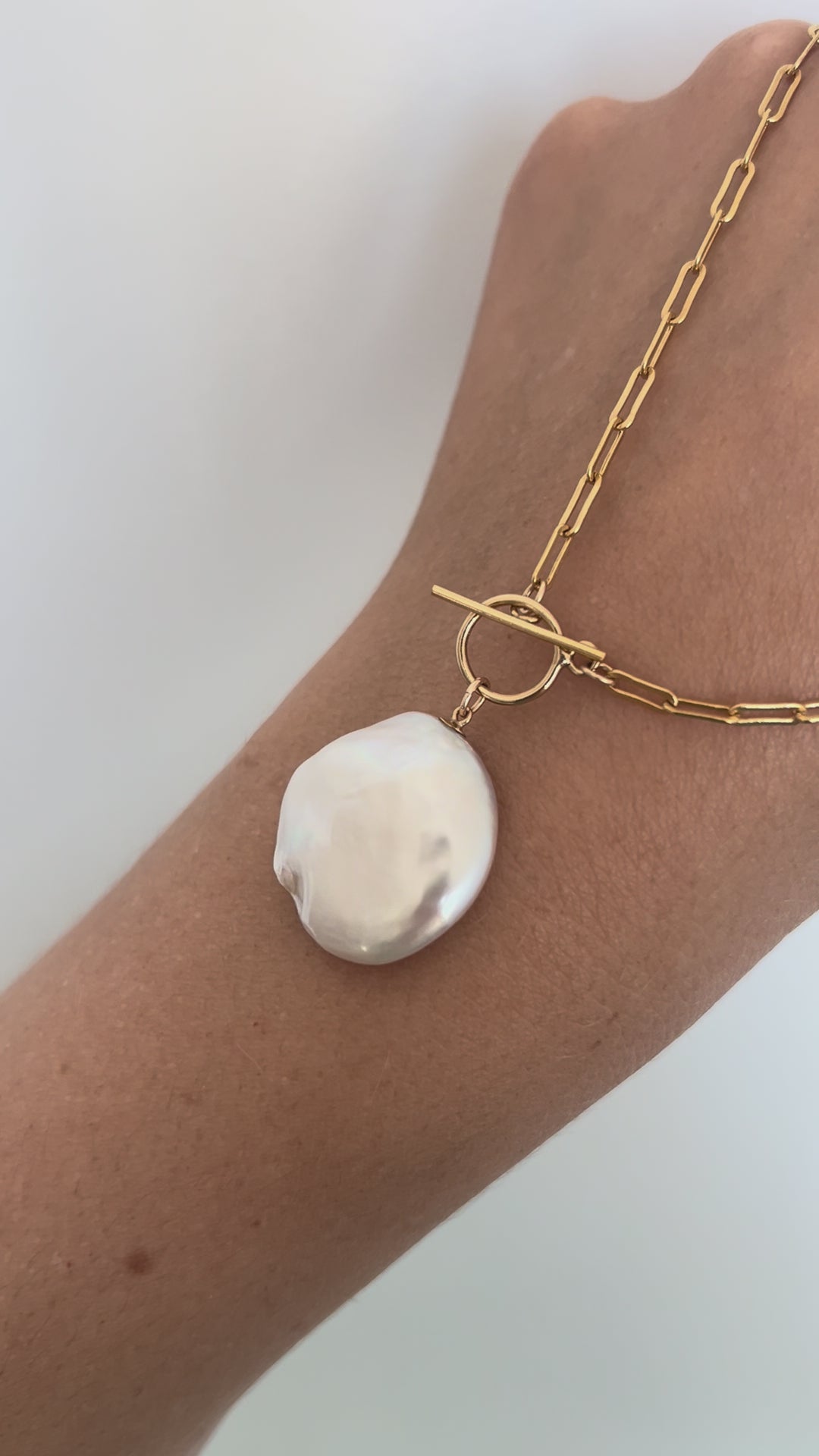 video of baroque pearl pendant necklace on gold-filled paperclip chain