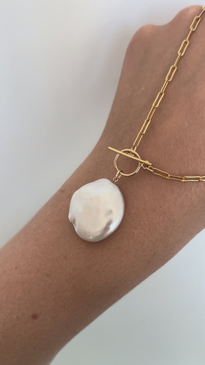 video of baroque pearl pendant necklace on gold-filled paperclip chain