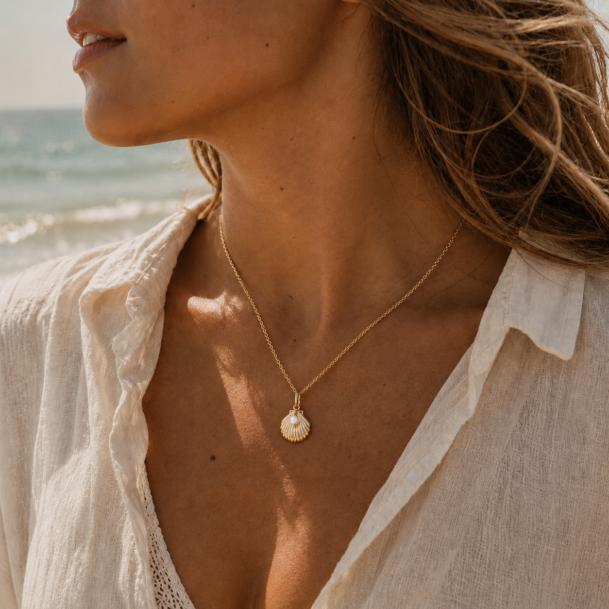 Woman wearing a gold necklace with a shell pendant on a beach.