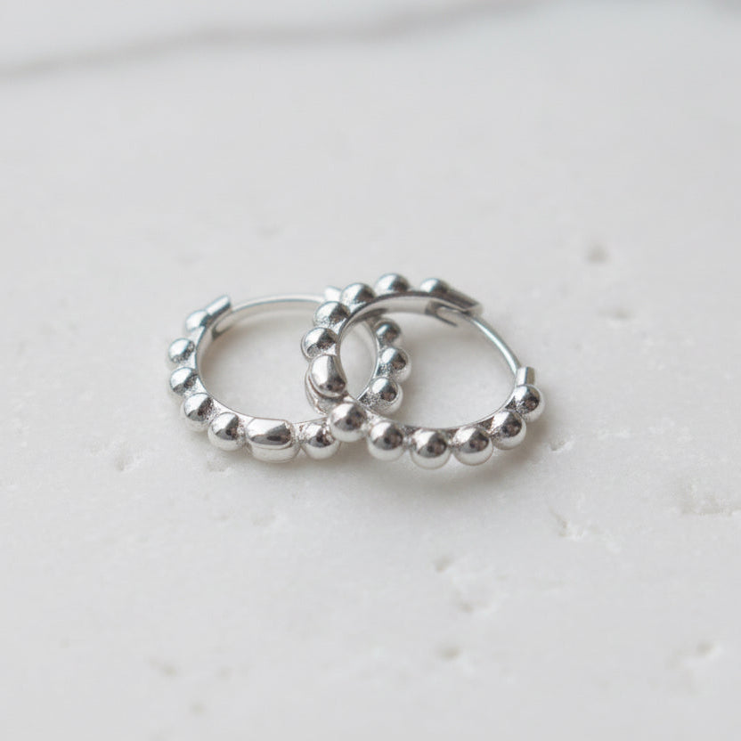 sterling silver hoop Beaded Huggies closeup