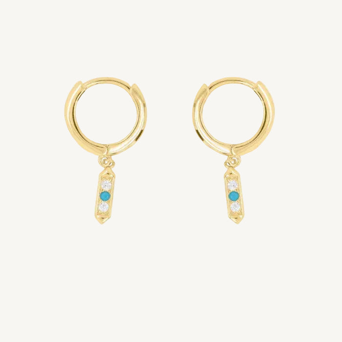 Delicate Zara drop huggies with turquoise